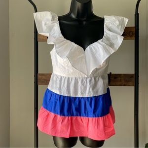 Lilly Pulitzer Emie Ruffle Top Resort White/Borealis Coral Color-Block size 0